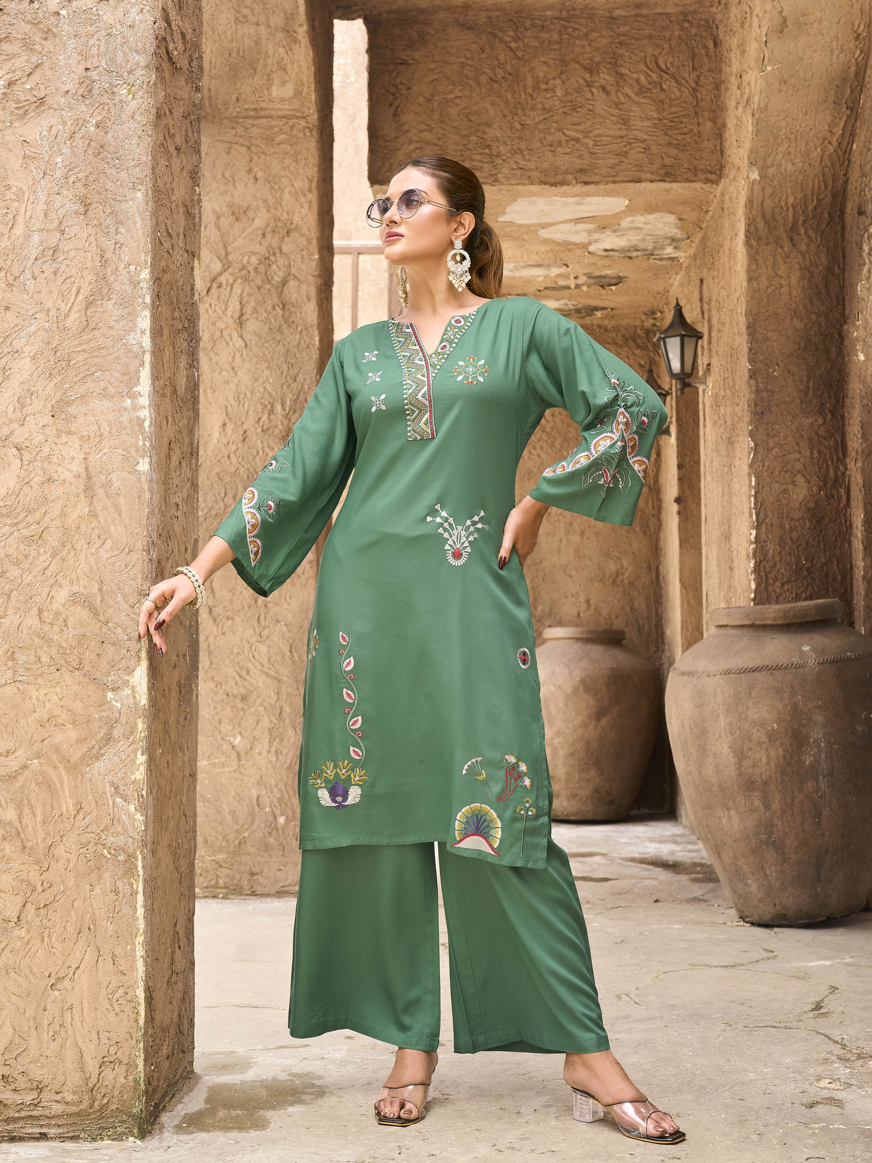 Green color rayon with colorful thread embroidered Co-ords Set